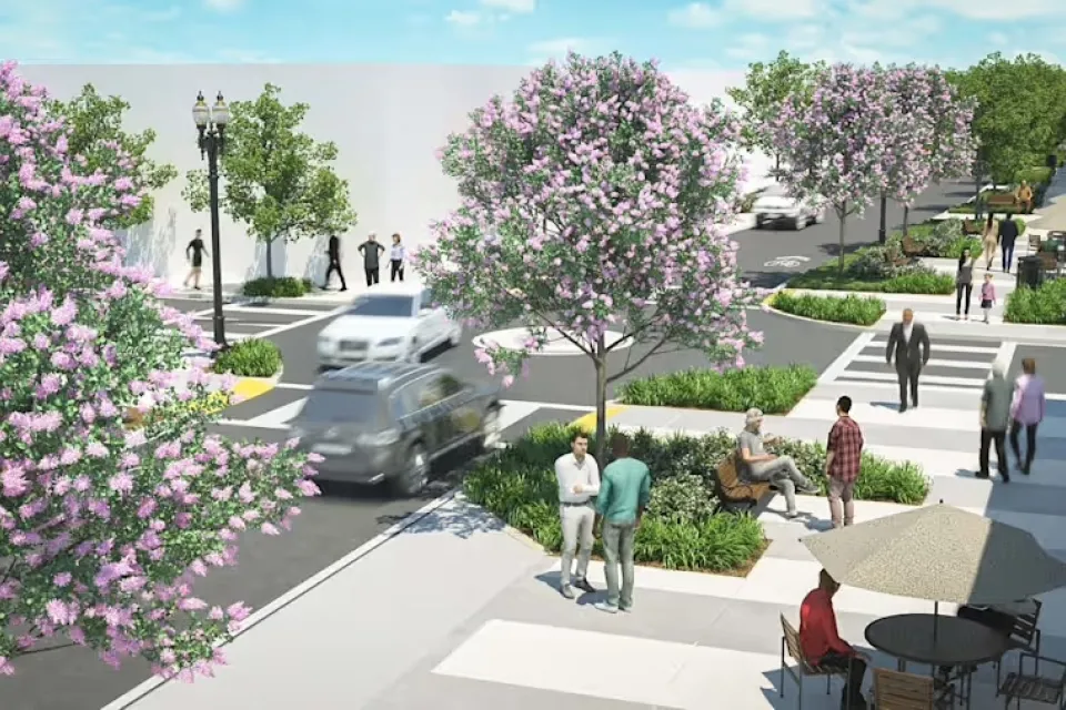 Rendering of Park Street in Jacksonville, Florida with new sidewalks and roundabout.